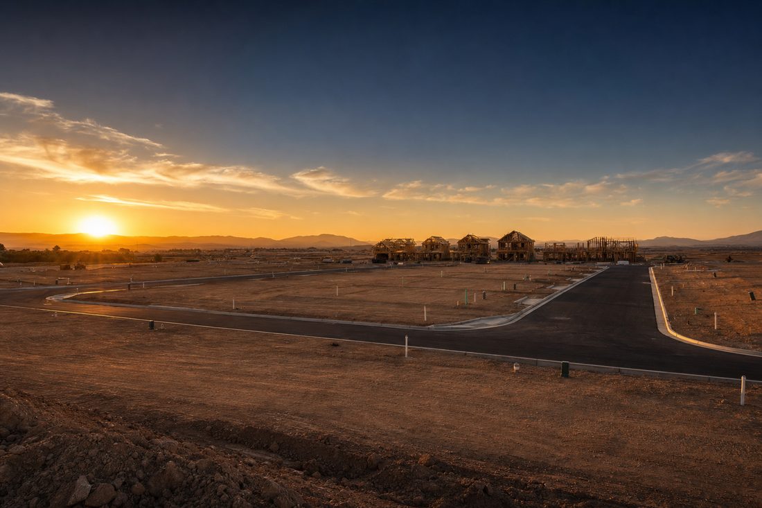 A near-entitled, pad-ready residential, multifamily, or mixed-use development site with curbs and utilities at sunset